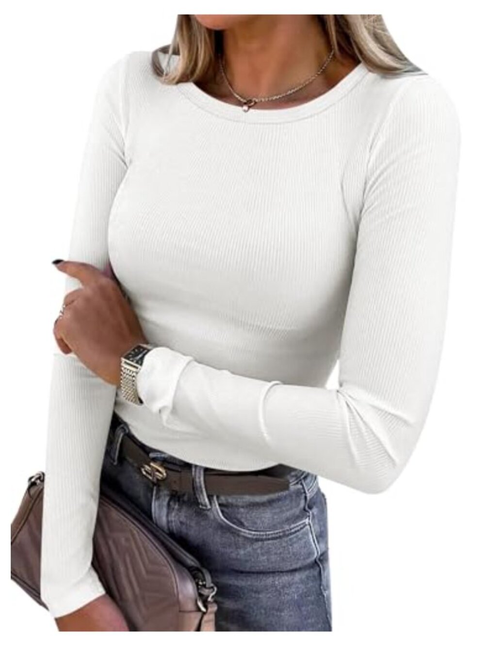 Women's Ribbed Knit Long Sleeve T-Shirt Slim Fit Crewneck